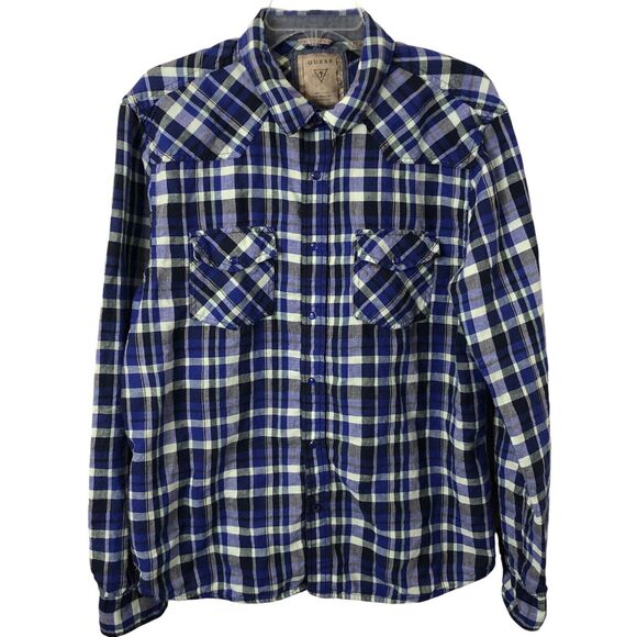 Guess Men's Western Slim Fit Blue Plaid Linen Blend Pearl Snap Shirt Size Large - Picture 1 of 6